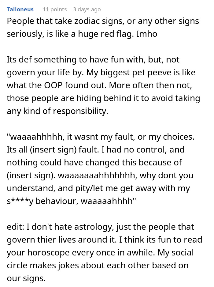 Text post discussing frustrations with people who take astrology seriously, highlighting blame and responsibility tied to zodiac signs.