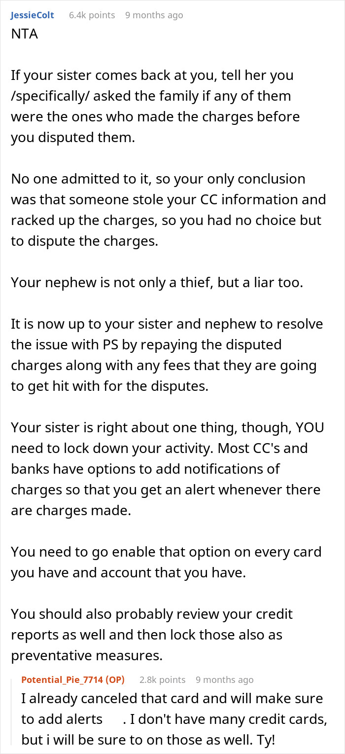 Screenshot of an online discussion about disputing credit card charges after a nephew used the card for games.