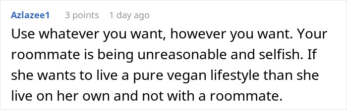 Screenshot of a user comment arguing against strict vegan kitchen rules, calling the roommate selfish in shared living.