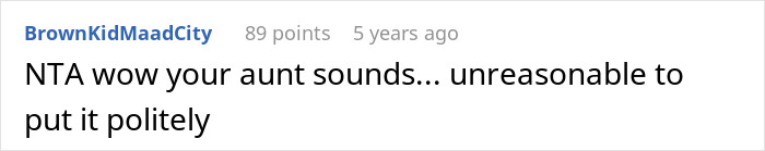 Comment on Reddit thread expressing frustration with an aunt about no vegan options at Christmas Eve dinner. Comment on Reddit thread expressing frustration with an aunt about no vegan options at Christmas Eve dinner.
