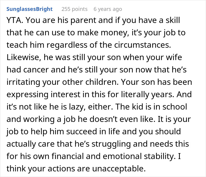 Comment discussing a man upset his dad didn’t pass on craft skills while half-brothers start a successful business.