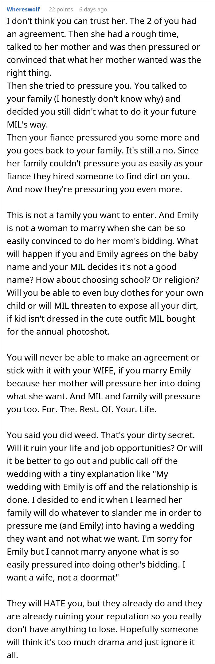 Screenshot of a Reddit comment discussing a man pressured by fiancée’s family hiring a PI to uncover dirt. Screenshot of a Reddit comment discussing a man pressured by fiancée’s family hiring a PI to uncover dirt.