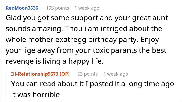 Screenshot of a Reddit thread discussing bride&rsquo;s parents throwing tantrums and being uninvited from the wedding by the great aunt.