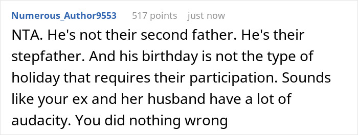 Comment discussing kids custody relationship and boundaries around a stepfather's birthday in blended family dynamics.