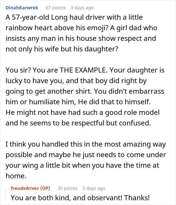 Commenter praises a dad for teaching respect after guy wears inappropriate shirt as a dare to dinner with girlfriend&rsquo;s parents.