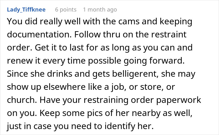 Comment advising to maintain documentation and follow through on a restraining order against MIL for long-term protection.