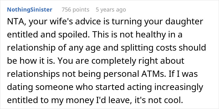 Dad calls out wife teaching daughter to treat boyfriend like personal ATM in a relationship, highlighting entitlement issues.