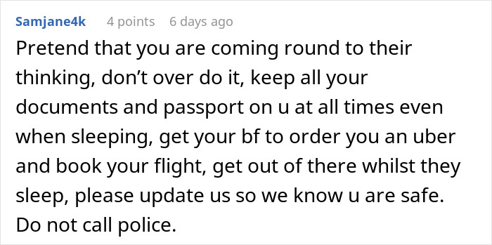 Text post with advice on being held hostage at parents' place, emphasizing safety and escape planning without police involvement. Text post with advice on being held hostage at parents' place, emphasizing safety and escape planning without police involvement.
