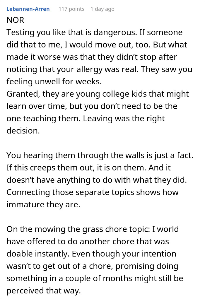 Commenter discussing dangers of testing roommate's allergy by putting grass in her pillow and consequences of ignoring allergies. Commenter discussing dangers of testing roommate's allergy by putting grass in her pillow and consequences of ignoring allergies.