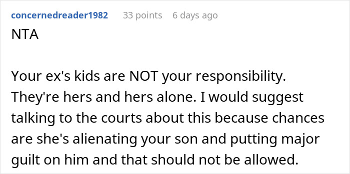 Comment from concernedreader1982 advising a dad on protecting his son’s gift and family drama involving his ex’s new family.