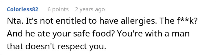 Screenshot of a forum comment discussing a husband, family, and a woman who is a picky eater with allergies.