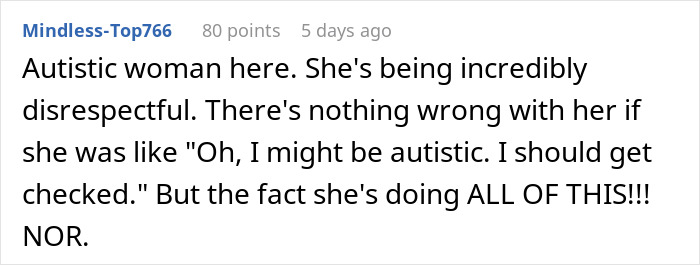 Screenshot of a Reddit comment discussing a woman excusing behavior with self-diagnosed autism causing tension with her boyfriend.