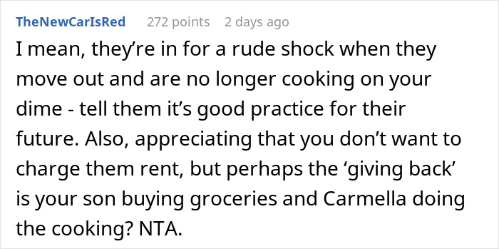 Screenshot of a Reddit comment discussing a mom accused of embarrassing her son’s girlfriend who offered to cook meals. Screenshot of a Reddit comment discussing a mom accused of embarrassing her son’s girlfriend who offered to cook meals.
