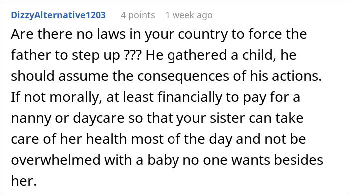 Comment discussing responsibility and financial support for a child, referencing a childfree woman and her sister’s baby. Comment discussing responsibility and financial support for a child, referencing a childfree woman and her sister’s baby.