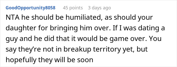 Comment from GoodOpportunity8058 criticizing a guy's inappropriate shirt choice at dinner with girlfriend’s parents. Comment from GoodOpportunity8058 criticizing a guy's inappropriate shirt choice at dinner with girlfriend’s parents.