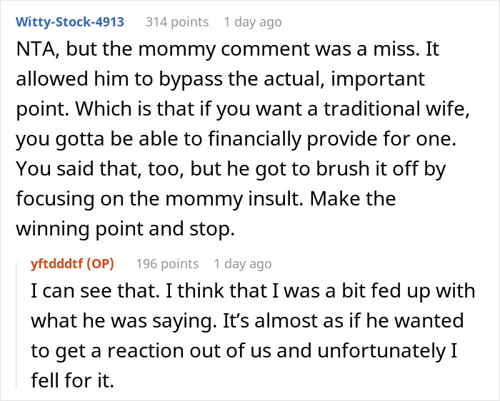 Screenshot of an online discussion where a toxic man vents about traditional wives and someone challenges his logic. Screenshot of an online discussion where a toxic man vents about traditional wives and someone challenges his logic.