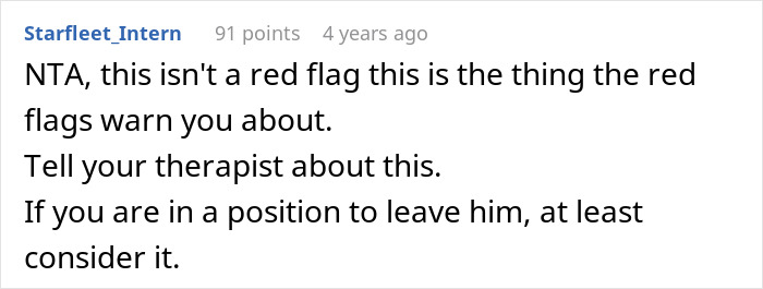Screenshot of a Reddit comment advising to tell therapist about husband recording wife’s private therapy sessions out of concern. Screenshot of a Reddit comment advising to tell therapist about husband recording wife’s private therapy sessions out of concern.