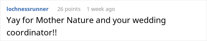 Screenshot of a comment praising nature and the wedding coordinator amid mil demands for wedding venue changes stuck in storm. Screenshot of a comment praising nature and the wedding coordinator amid mil demands for wedding venue changes stuck in storm.