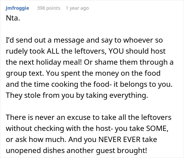 Comment discussing Thanksgiving host shock after family clears all leftovers, leaving an empty fridge post-holiday meal.