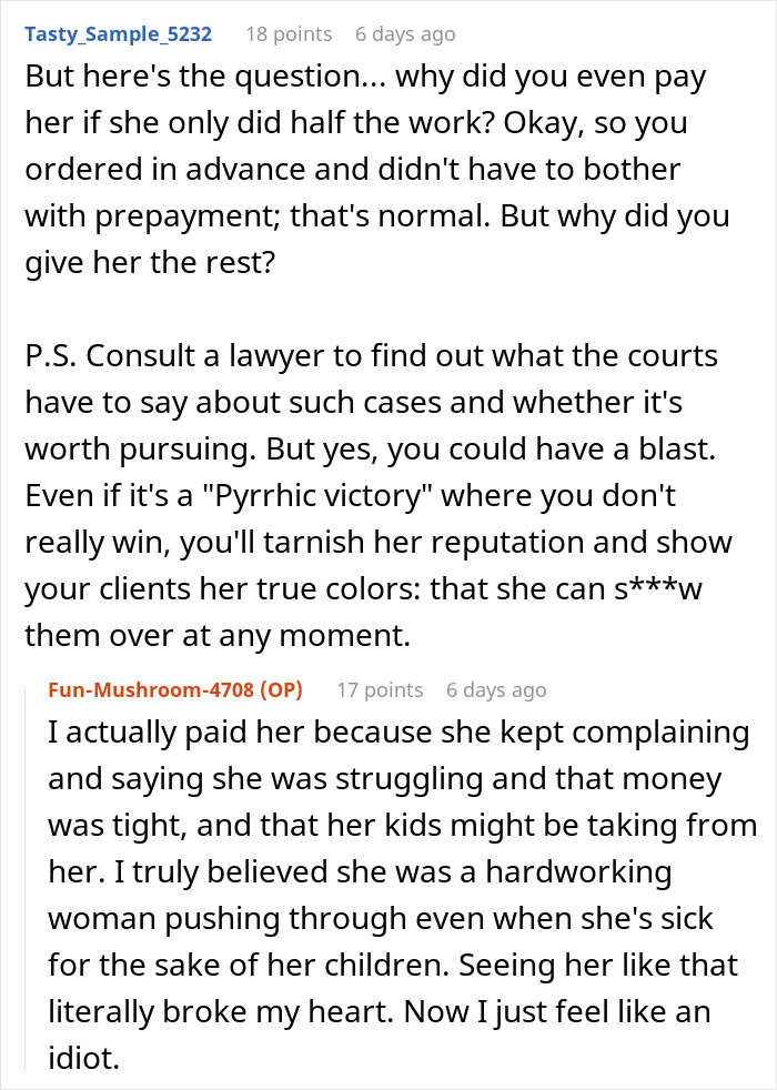 Screenshot of a Reddit discussion about a makeup artist pretending to be sick on a woman's wedding day for easy money.