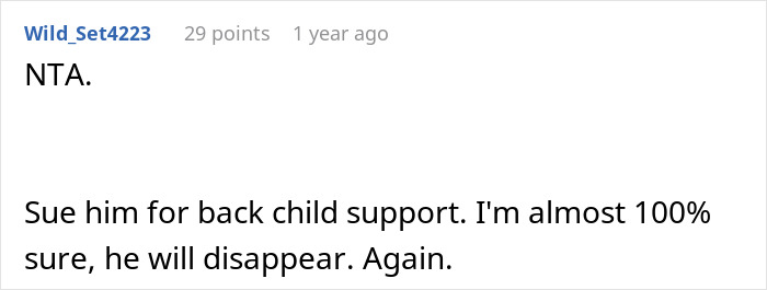 Commenter Wild_Set4223 responding to a family dispute about a surprise plan, advising legal action for child support. Commenter Wild_Set4223 responding to a family dispute about a surprise plan, advising legal action for child support.