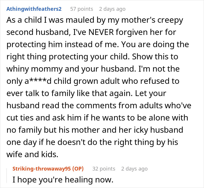 Comment about protecting child from creepy husband and how marriage struggles relate to mother-in-law issues.