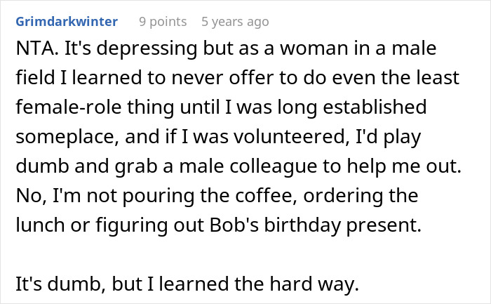 Text post about office potluck store bought dessert drama and gender roles in a male-dominated workplace.