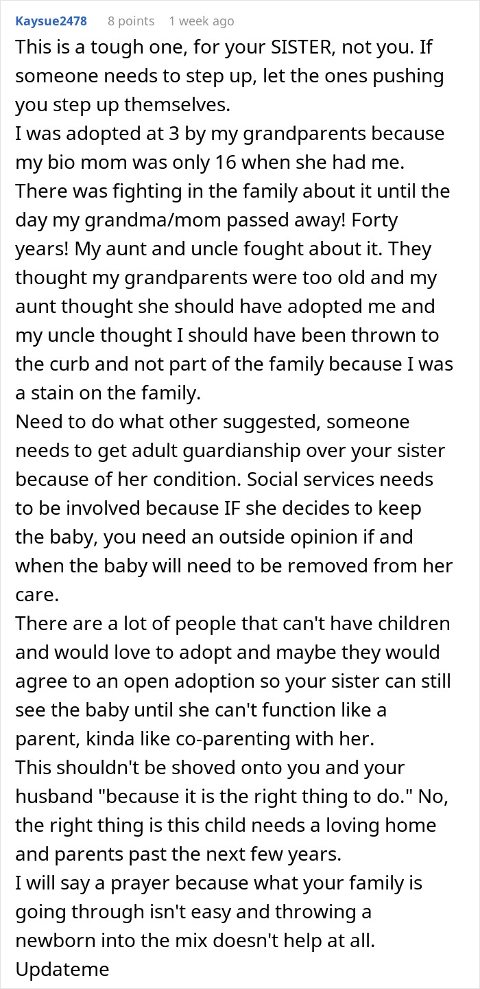 Comment discussing a childfree woman refusing responsibility for her sister's new baby she told her not to have.