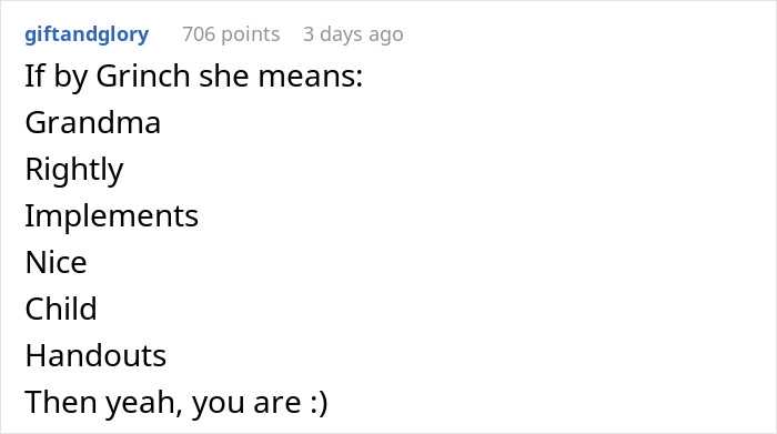 Text comment about a grandma&rsquo;s savage holiday clapback to an entitled ex-daughter-in-law calling her a Grinch.