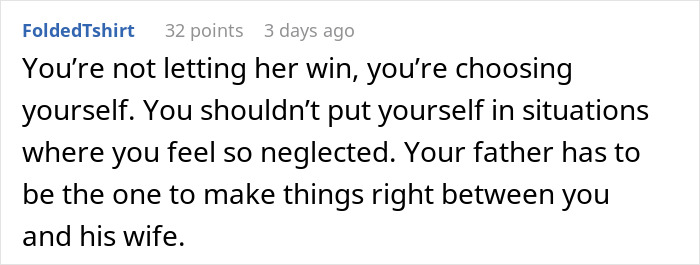 Comment discussing teenage insecurity and tension with a stepmother, highlighting family conflict and emotional neglect. Comment discussing teenage insecurity and tension with a stepmother, highlighting family conflict and emotional neglect.