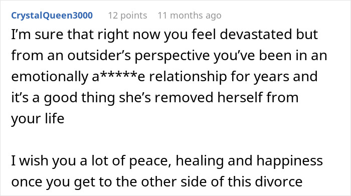 Comment expressing support after wife of 10 years ruins husband’s reputation following their separation. Comment expressing support after wife of 10 years ruins husband’s reputation following their separation.