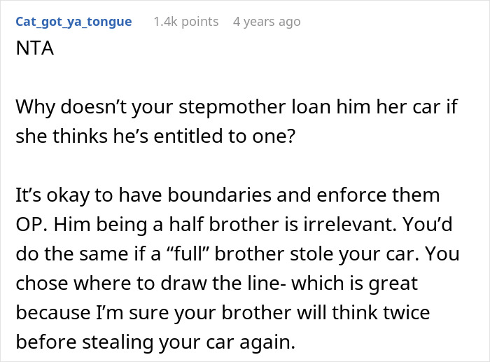 Comment discussing family conflict over half-brother stealing car and enforcing boundaries with him.