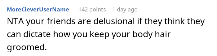 Comment discussing how the bride and groom take a woman’s hairy armpits as a personal insult causing guest discomfort. Comment discussing how the bride and groom take a woman’s hairy armpits as a personal insult causing guest discomfort.