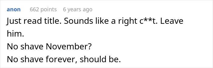 Screenshot of an online comment criticizing a boyfriend demanding his girlfriend to laser off all body hair, sparking backlash.