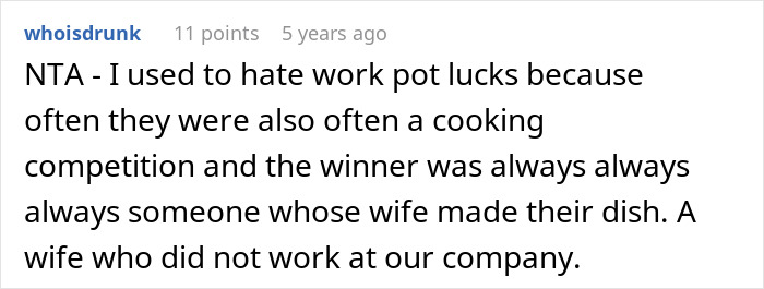 Screenshot of a forum comment discussing frustrations with office potluck store bought dessert drama and cooking competitions. Screenshot of a forum comment discussing frustrations with office potluck store bought dessert drama and cooking competitions.