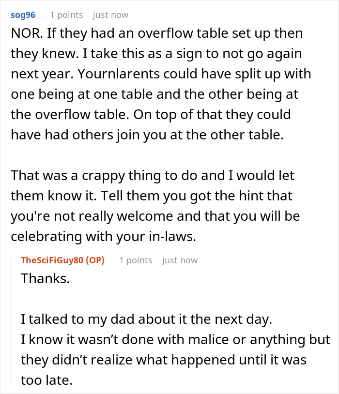 Parent annoyed to be placed at overflow table as parents let friends sit at main table for Thanksgiving gathering. Parent annoyed to be placed at overflow table as parents let friends sit at main table for Thanksgiving gathering.