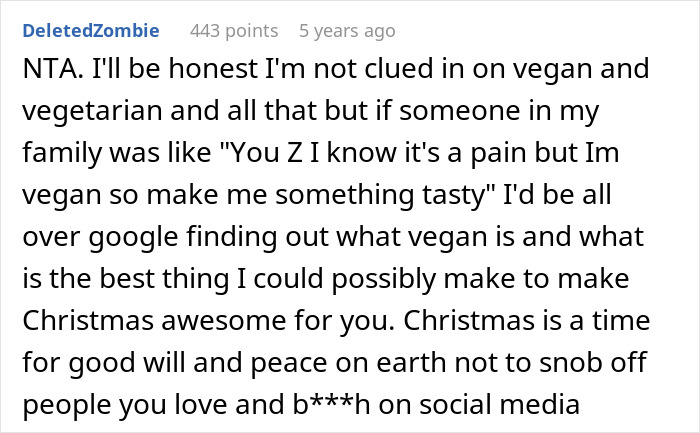 Alt text: Screenshot of a forum comment discussing challenges and efforts when there are no vegan options for Christmas Eve dinner Alt text: Screenshot of a forum comment discussing challenges and efforts when there are no vegan options for Christmas Eve dinner
