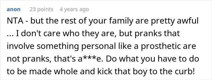 Screenshot of a forum comment criticizing a cruel prank involving a prosthetic and family reactions to the dispute. Screenshot of a forum comment criticizing a cruel prank involving a prosthetic and family reactions to the dispute.