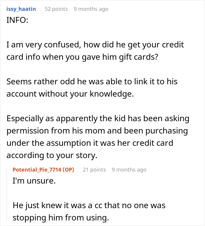 Comment thread discussing confusion over how an entitled nephew used credit card for games without permission.