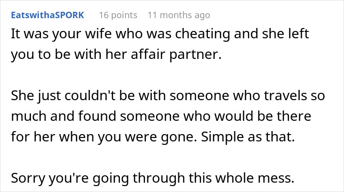 Screenshot of a forum comment discussing cheating, wife leaving husband, and ruining husband’s reputation after 10 years. Screenshot of a forum comment discussing cheating, wife leaving husband, and ruining husband’s reputation after 10 years.
