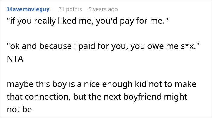 Comment discussing a dad calling out wife after she teaches daughter to treat her boyfriend like a personal ATM.