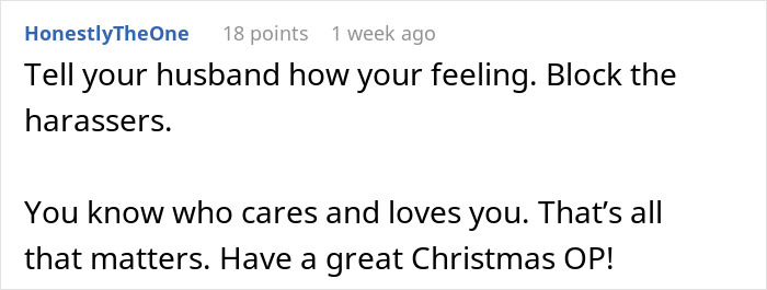 Comment text from user HonestlyTheOne offering advice to block harassers and focus on supportive loved ones for new mom.