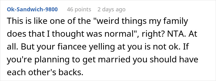 Man eating a baked potato his way, reacting confused as fiancée’s mother expresses disgust at his eating style.