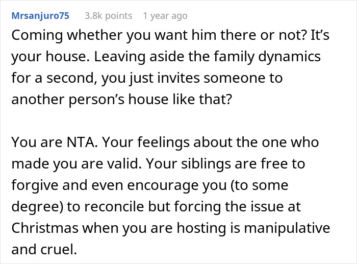 Comment on siblings sharing surprise plan and guy kicking siblings out, highlighting family dynamics and valid feelings. Comment on siblings sharing surprise plan and guy kicking siblings out, highlighting family dynamics and valid feelings.