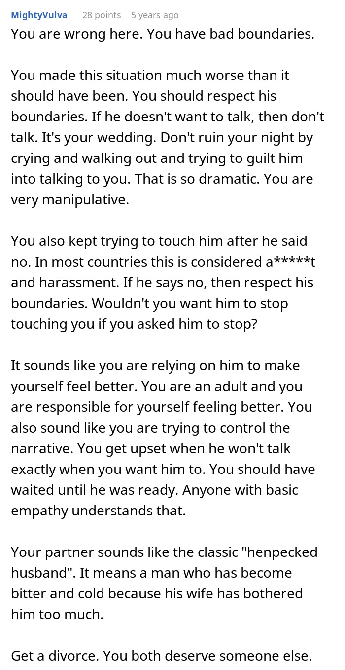 Comment discussing woman detailing how her marriage fell apart after her husband ruined their wedding night. Comment discussing woman detailing how her marriage fell apart after her husband ruined their wedding night.