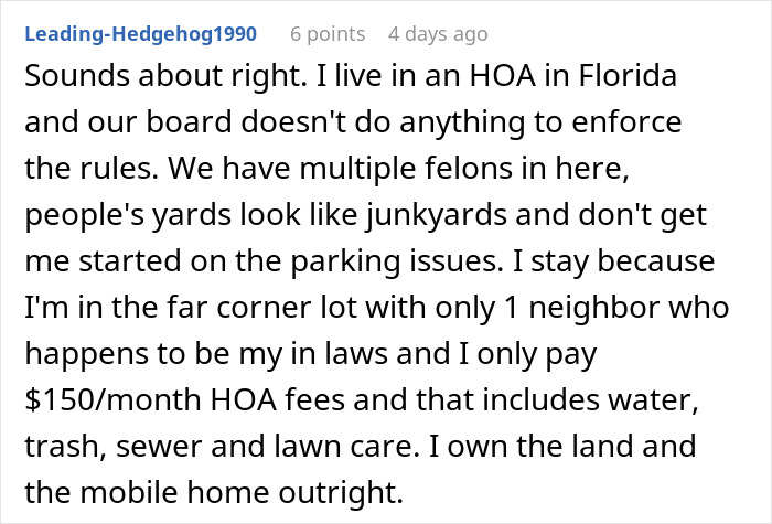 Comment on HOA enforcement issues in Florida, discussing fees, yard conditions, and parking problems.