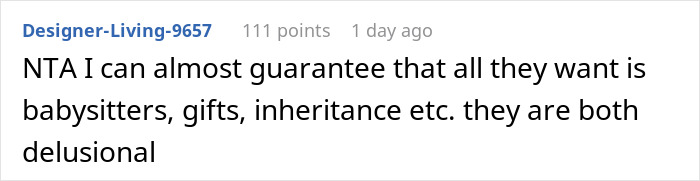 Comment from a Reddit user discussing family conflicts after dad cuts off late wife’s family and demands they accept new baby. Comment from a Reddit user discussing family conflicts after dad cuts off late wife’s family and demands they accept new baby.