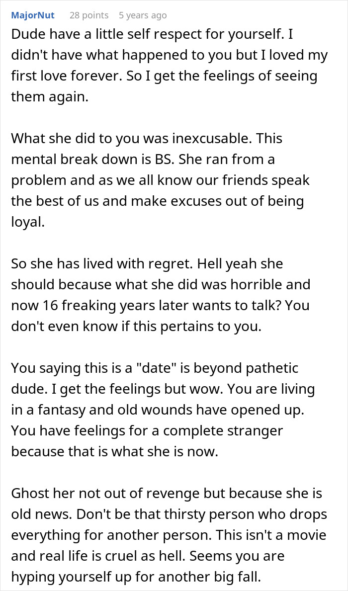 Comment discussing a man left without closure after fianc&eacute; disappears before wedding and reappears 16 years later.