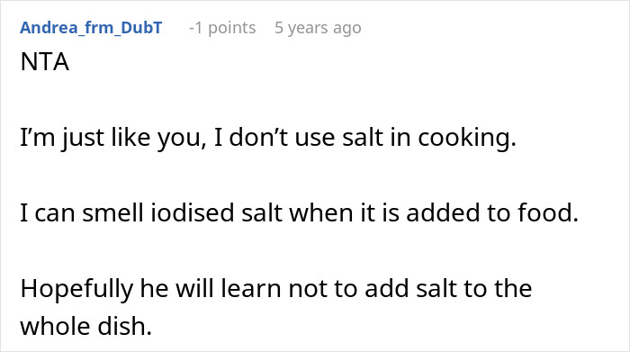 Comment discussing cooking without salt and reacting to adding salt to an entire pot of chili.