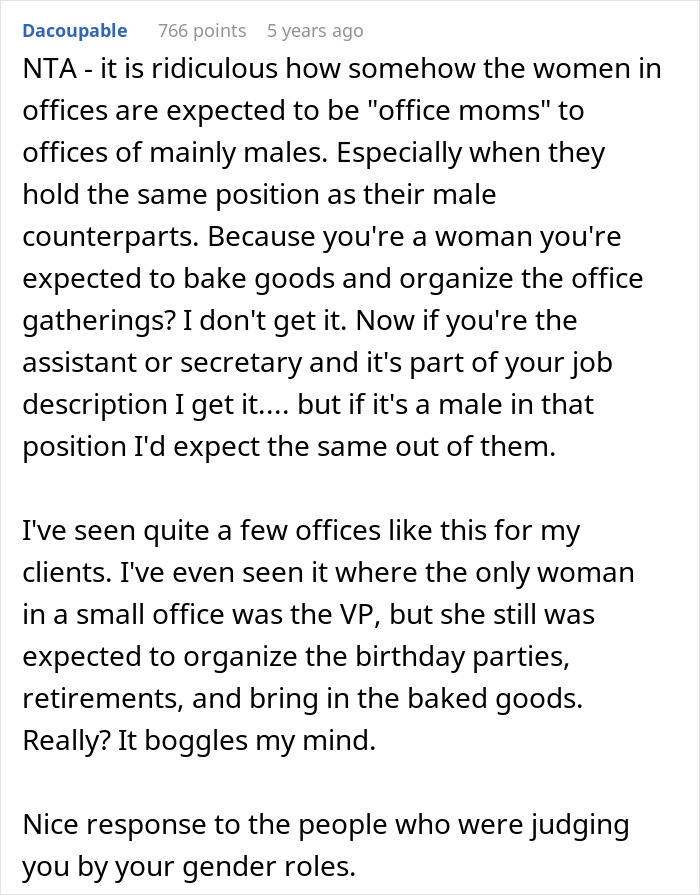 Comment discussing office potluck store bought dessert drama and gender role expectations in workplace gatherings. Comment discussing office potluck store bought dessert drama and gender role expectations in workplace gatherings.
